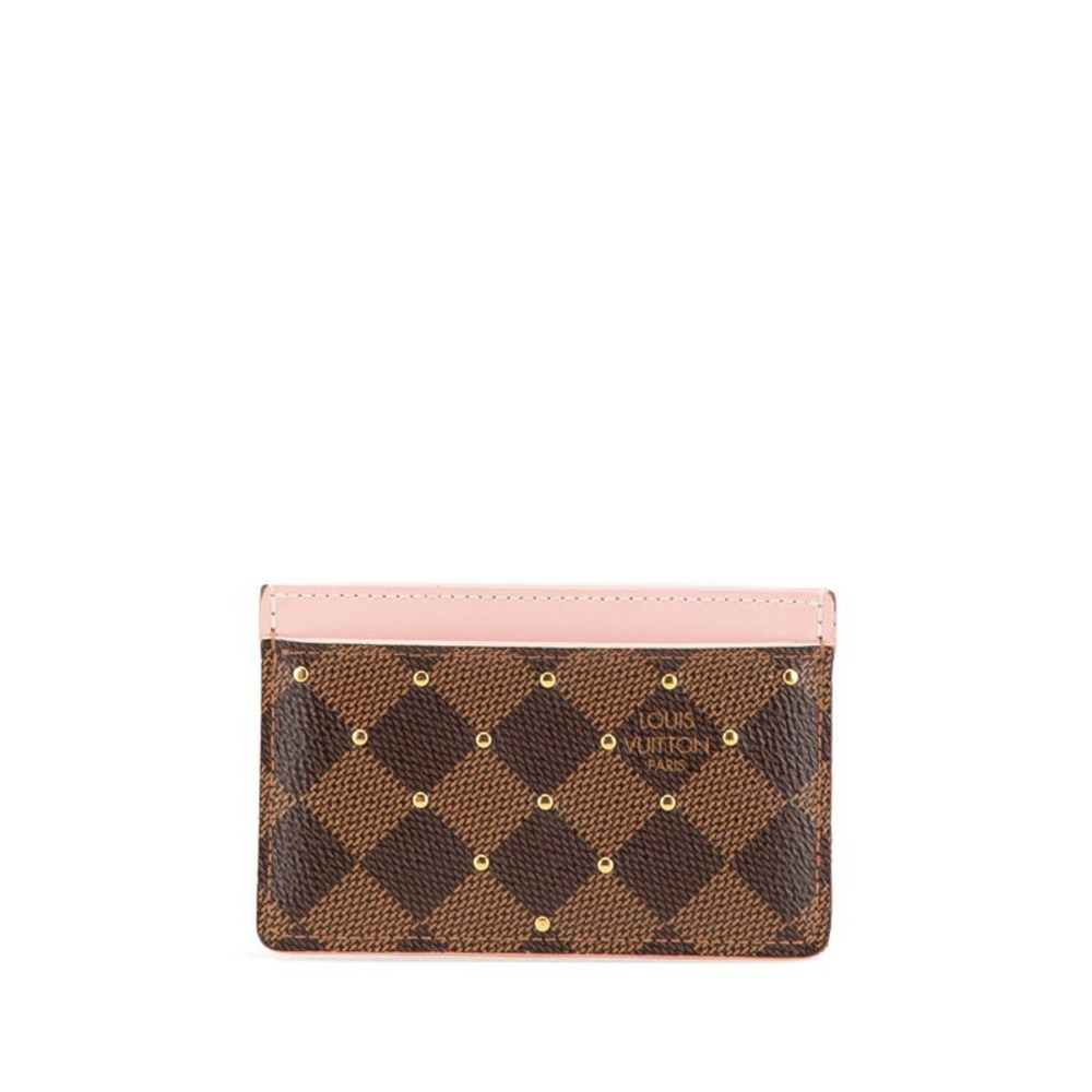 Louis Vuitton Damier Portecarte Studded Card Case Wallet Brown Pink Leather